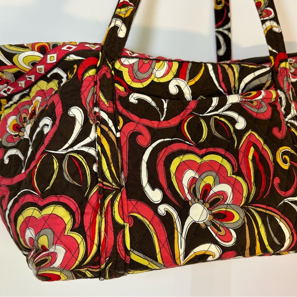 Vera Bradley Puccini Tote Bag Purse Brown Yellow Pink White Pockets Large - Picture 3 of 12